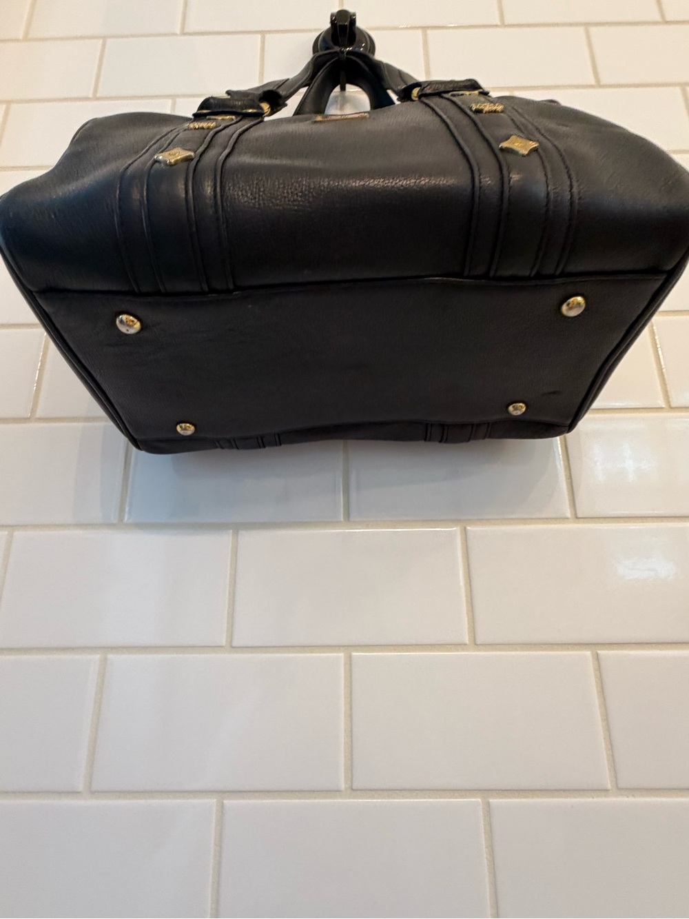 MCM Black Leather Satchel with Gold Plaque and Hardware - Picture 5 of 7